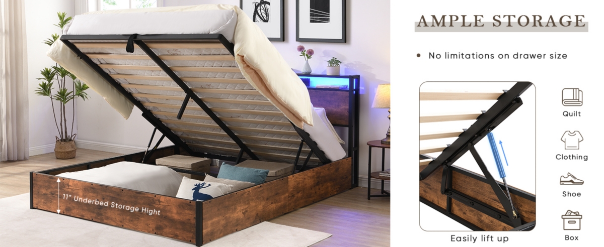 Streamdale Queen Bed Frame with Bookcase, Lights, and Charging Station