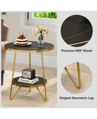 Faux Marble End Table, 2-Tier Round Side Table with Shelves, Modern Accent Table for Living Room or Bedroom