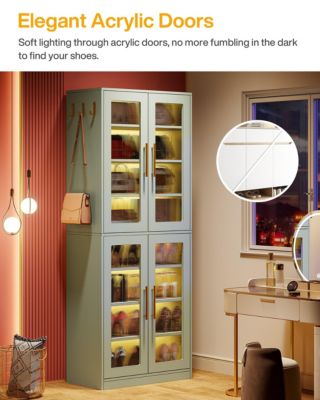 Tall Shoe Cabinet with Acrylic Doors and LED Lights, 8-Tier Entryway Shoe Storage Rack with Adjustable Shelves and Hanging Hooks