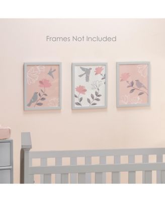 Petals Pink/Gray/White Floral/Birds 11 by 14 Unframed Wall Art 3pc