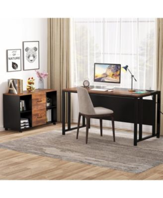 L-Shaped Computer Desk with Power Outlet and Drawer Cabinet, 55 inch Large Executive Office Desk with Lateral File Cabinet