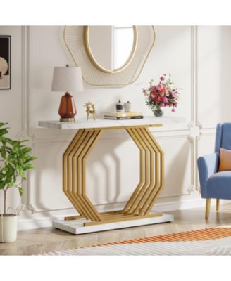 Gold Console Table, Faux Marble Entryway Narrow Sofa Table with Geometric Metal Base, 40 Inch Modern Accent Entrance Table