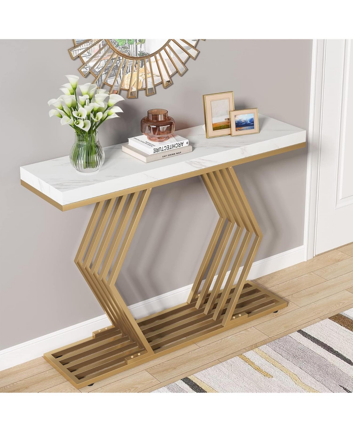 Tribesigns inches Modern Gold Console Table with Geometric Metal Base, White Faux Marble Narrow Entryway Table Foyer Table for Entrance, Living Roo