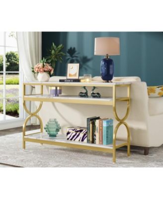 3-Tier Console Table, 55 inch Sofa Table with Open Storage Shelves, Narrow Long Hallway/Entryway Table with Faux Marble Top, White & Gold
