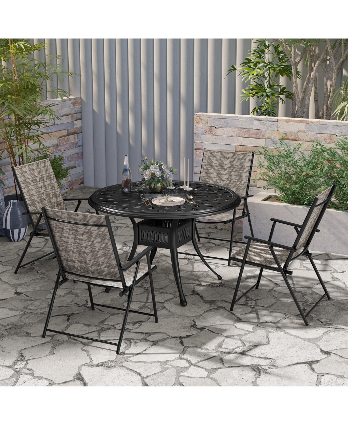 Sugift Set of 4 Patio Folding Chairs with Armrests and Portable Lawn Chairs for Garden Backyard-Gray