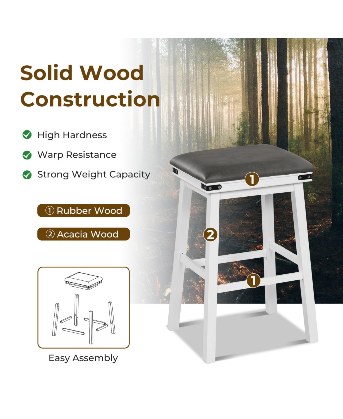 Sugift Set of 2 24/30 Inch Dining Bar Stool with Acacia Wood Frame-30 inches