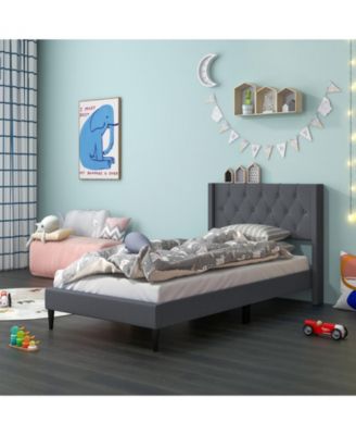 Twin Size Upholstered Platform Bed with Button Tufted Wingback Headboard-Blue