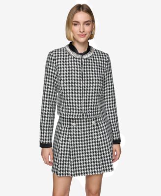 KARL LAGERFELD PARIS - Women's Convertible Rhinestone-Collar Houndstooth Jacket