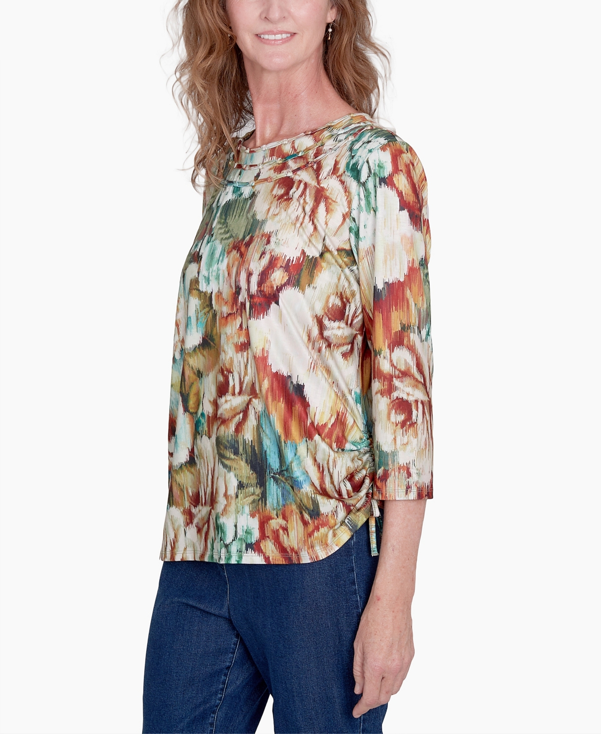 Alfred Dunner Petite Classics Earth Floral Crew Neck Top In Multi