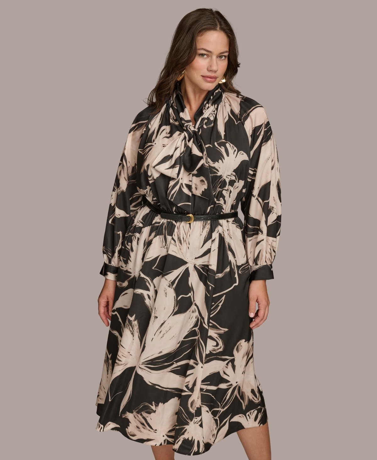 Donna Karan New York Plus Size Belted Long-Sleeve Dress