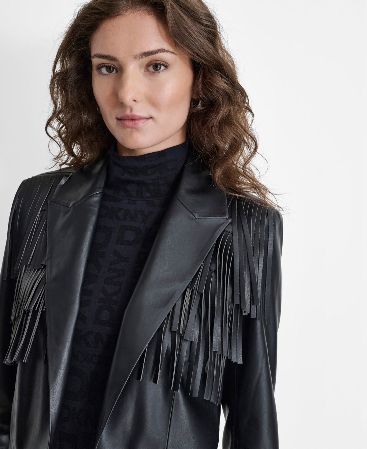 Shop Dkny Women's Faux-leather Fringe-trim Open-front Jacket In Black