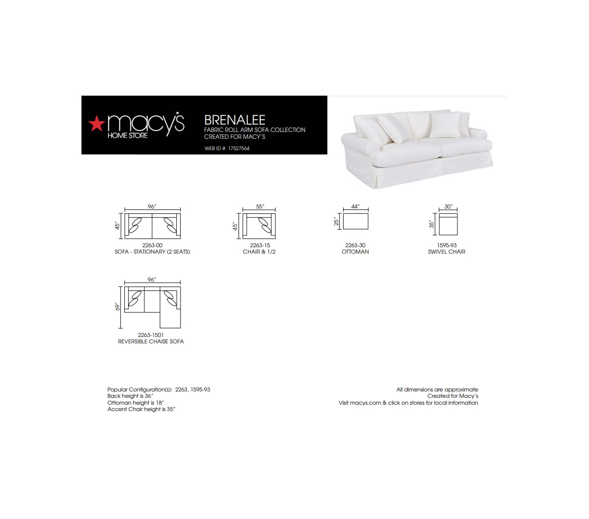 Macy's Brenalee 96" Roll Arm Performance Fabric Slipcover Sofa With Four Pillows In Lena Linen