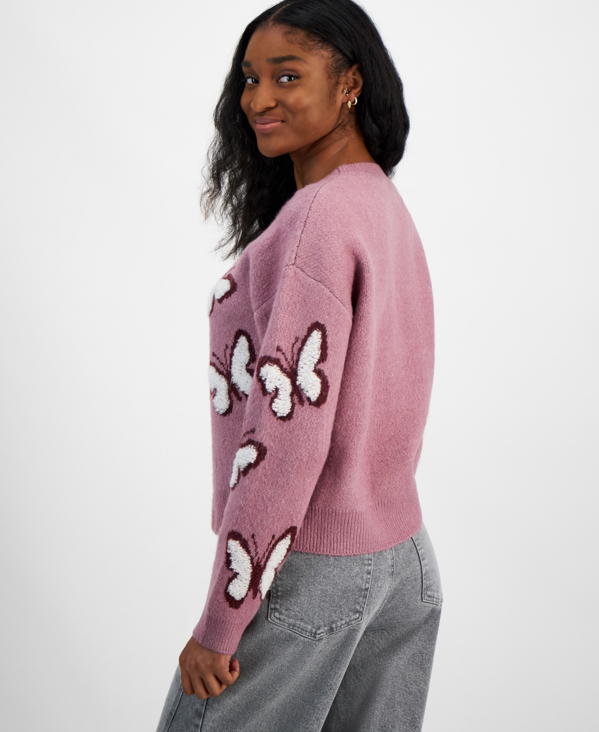 Hooked Up By Iot Juniors' "it Girl" Crewneck Sweater In Valerian Butterfly