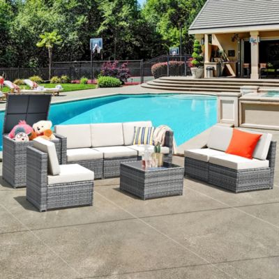 8 PCS Wicker Sofa Rattan Furniture Set Patio Furniture w/ Storage Outdoor