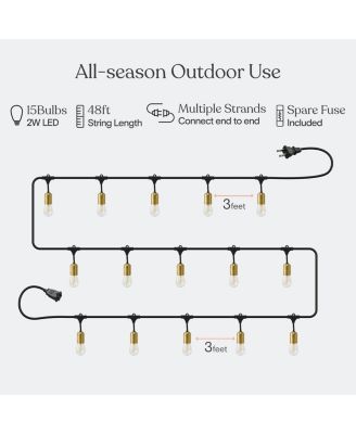 Outdoor Plug-In 48ft Weatherproof LED String Lights, Gold Hardware & Heavy Duty Cord