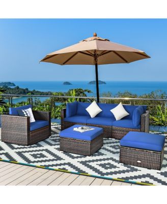 6PCS Patio Rattan Furniture Set Sectional Cushion Sofa Coffee Table Ottoman
