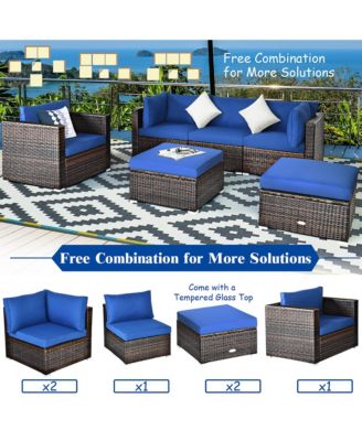 6PCS Patio Rattan Furniture Set Sectional Cushion Sofa Coffee Table Ottoman