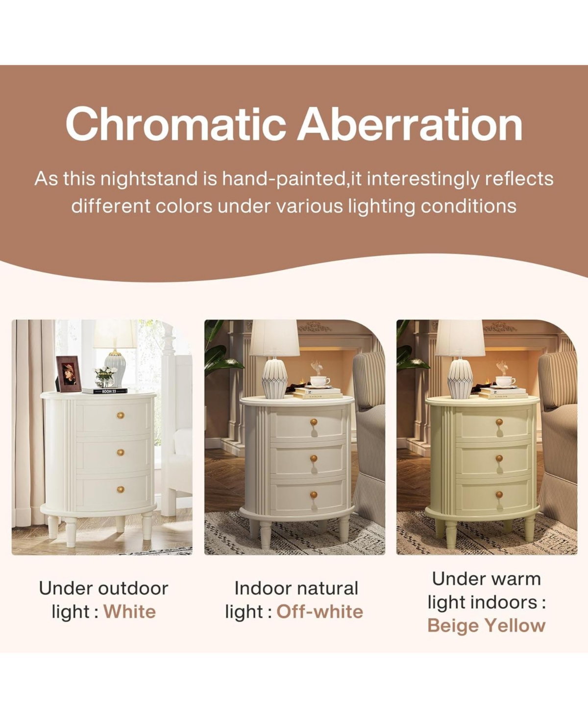 Tribesigns 3-Drawer Nightstands Set of 2, Off-White Bed Side Table for Bedroom, No Assembly Required, Oval Farmhouse Night Stand with Storage, Wood Si