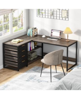 L Shaped Computer Desk with Storage Drawers, 59 inch Corner Desk with Shelves, Reversible L-Shaped Office Desk Writing Table Workstation for Home Office, Grey
