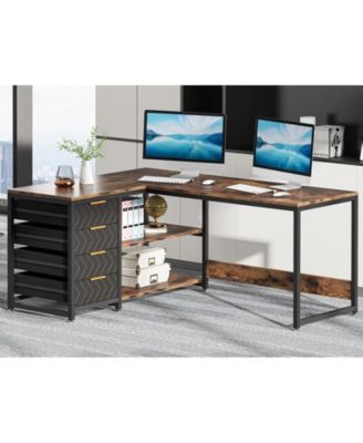 L Shaped Computer Desk with Storage Drawers, 59 inch Corner Desk with Shelves, Reversible L-Shaped Office Desk Study Writing Table Workstation for Home Office