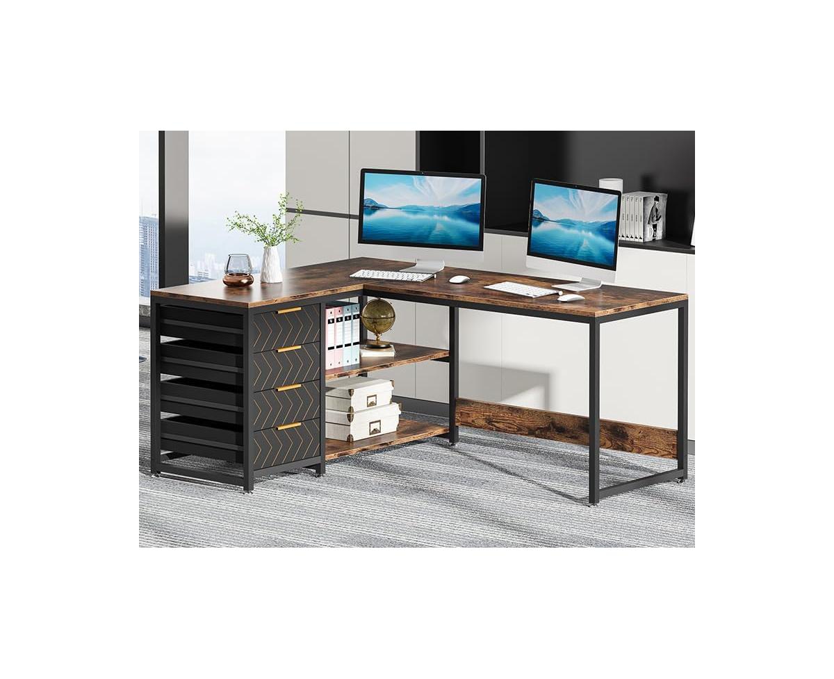 Tribesigns L Shaped Computer Desk with Storage Drawers, 59 inch Corner Desk with Shelves, Reversible L-Shaped Office Desk Study Writing Table Workstat