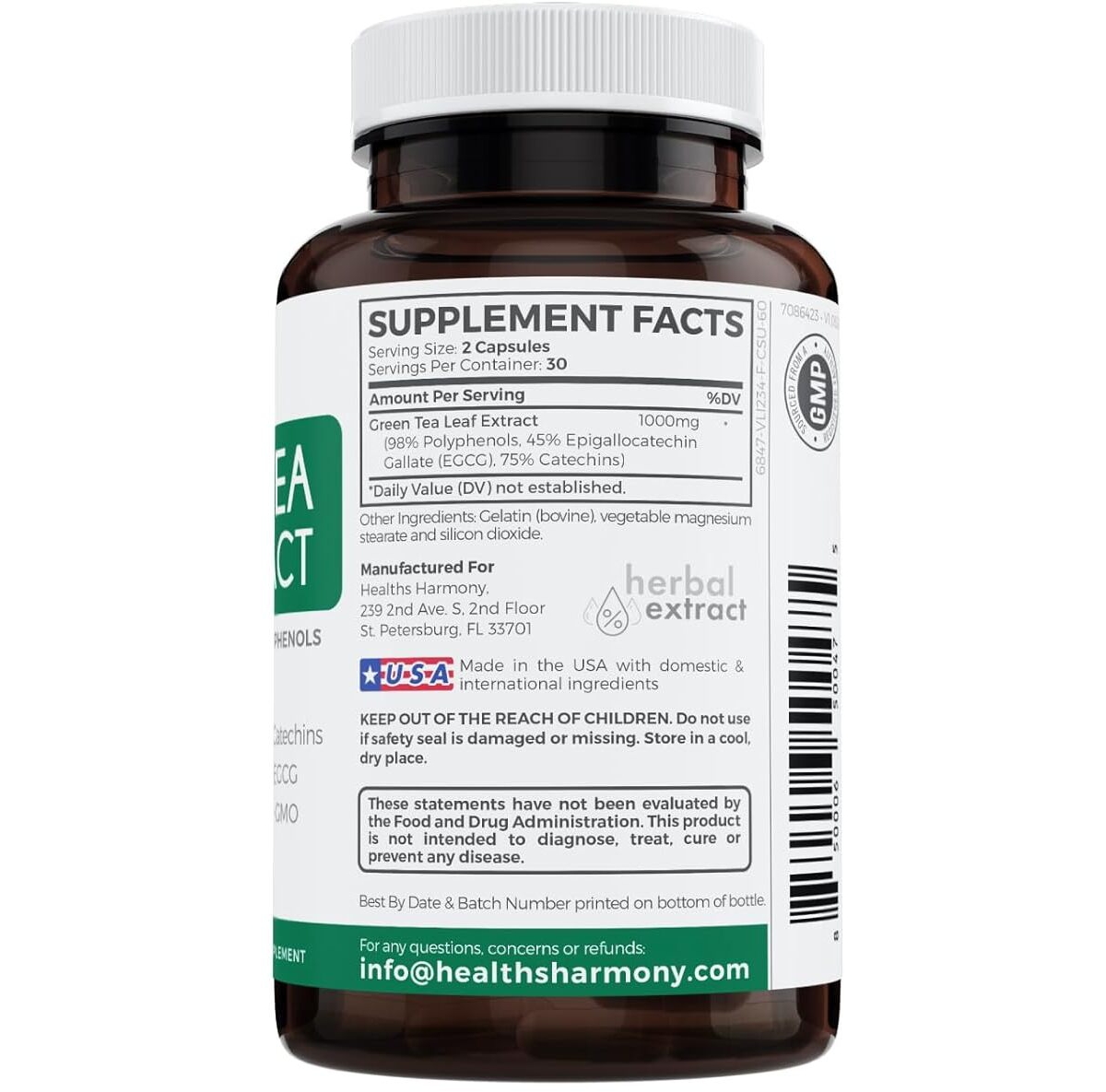Healths Harmony Green Tea Extract Capsules, Natural Metabolism Boost - Leaf Polyphenol Catechins - Antioxidant Supplement, Health's Harmony, 60ct - Op