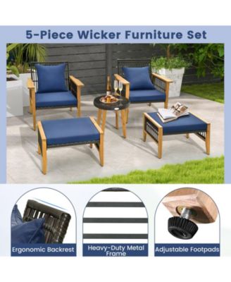 5 Piece Patio Furniture Set with Coffee Table and 2 Ottomans-Navy