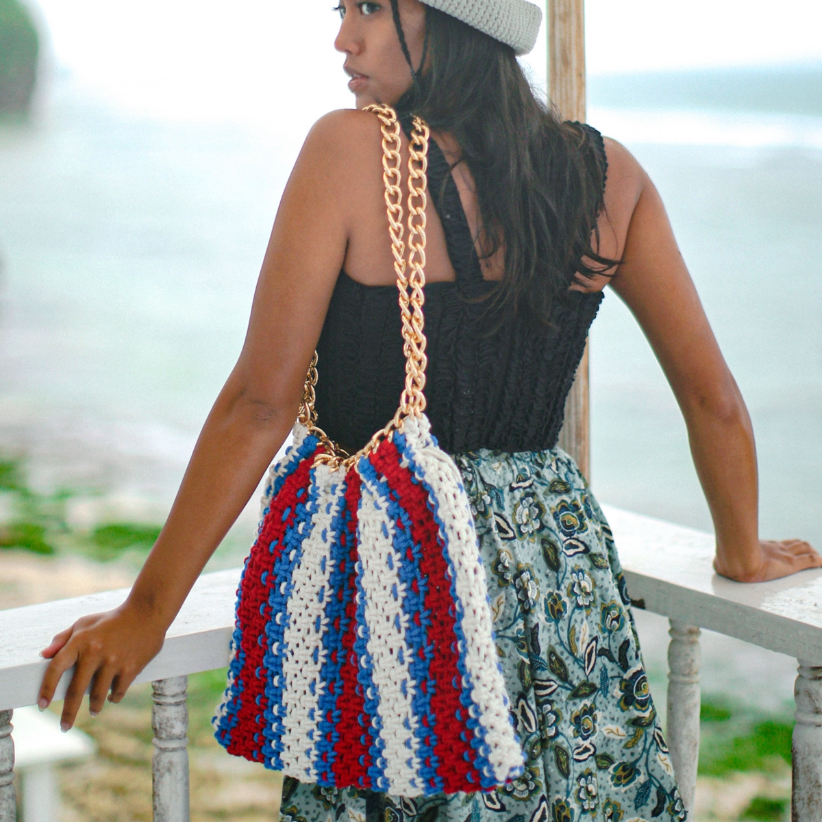 St. Tropez Colette Macrame Beach Bag In Red, White & Blue - Red