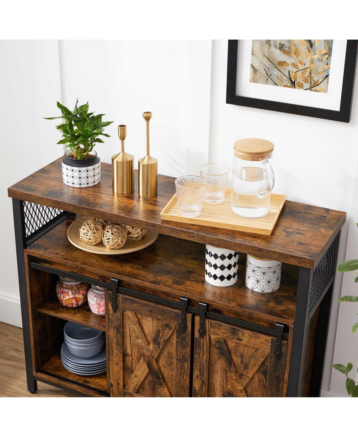Slickblue Dining Storage Sideboard with Door, Rustic Brown - Rustic Brown and Black