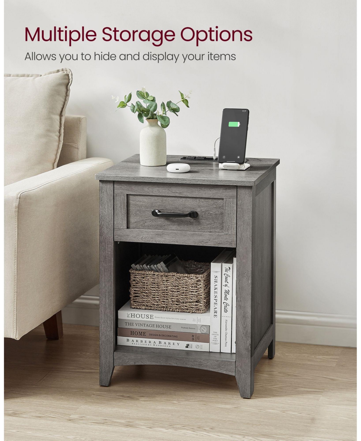 Slickblue Farmhouse Nightstands with Charging Station, Drawer, Open Compartment, Side Tables with Storage