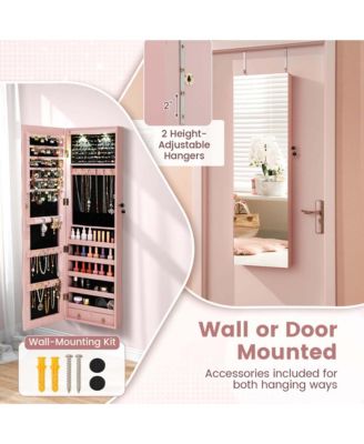 Mirrored Wall & Door Mounted Jewelry Cabinet Storage Organizer with Lights&Drawer