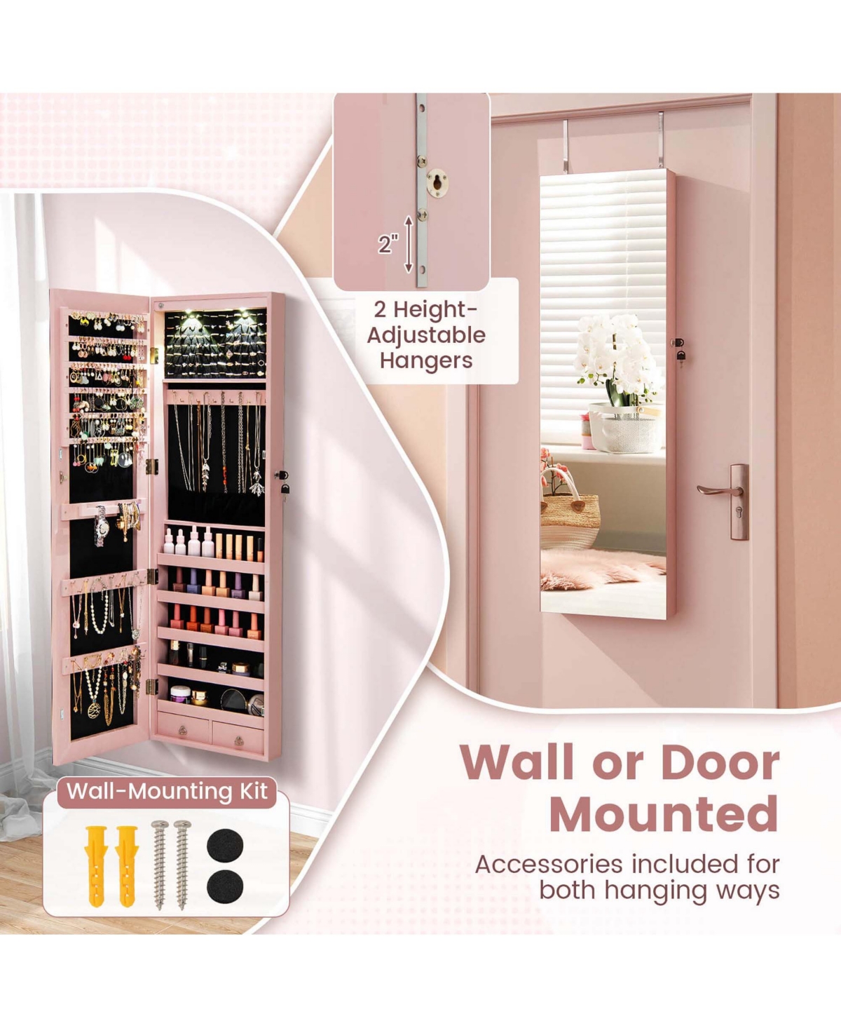 Mirrored Wall & Door Mounted Jewelry Cabinet Storage Organizer with Lights&Drawer