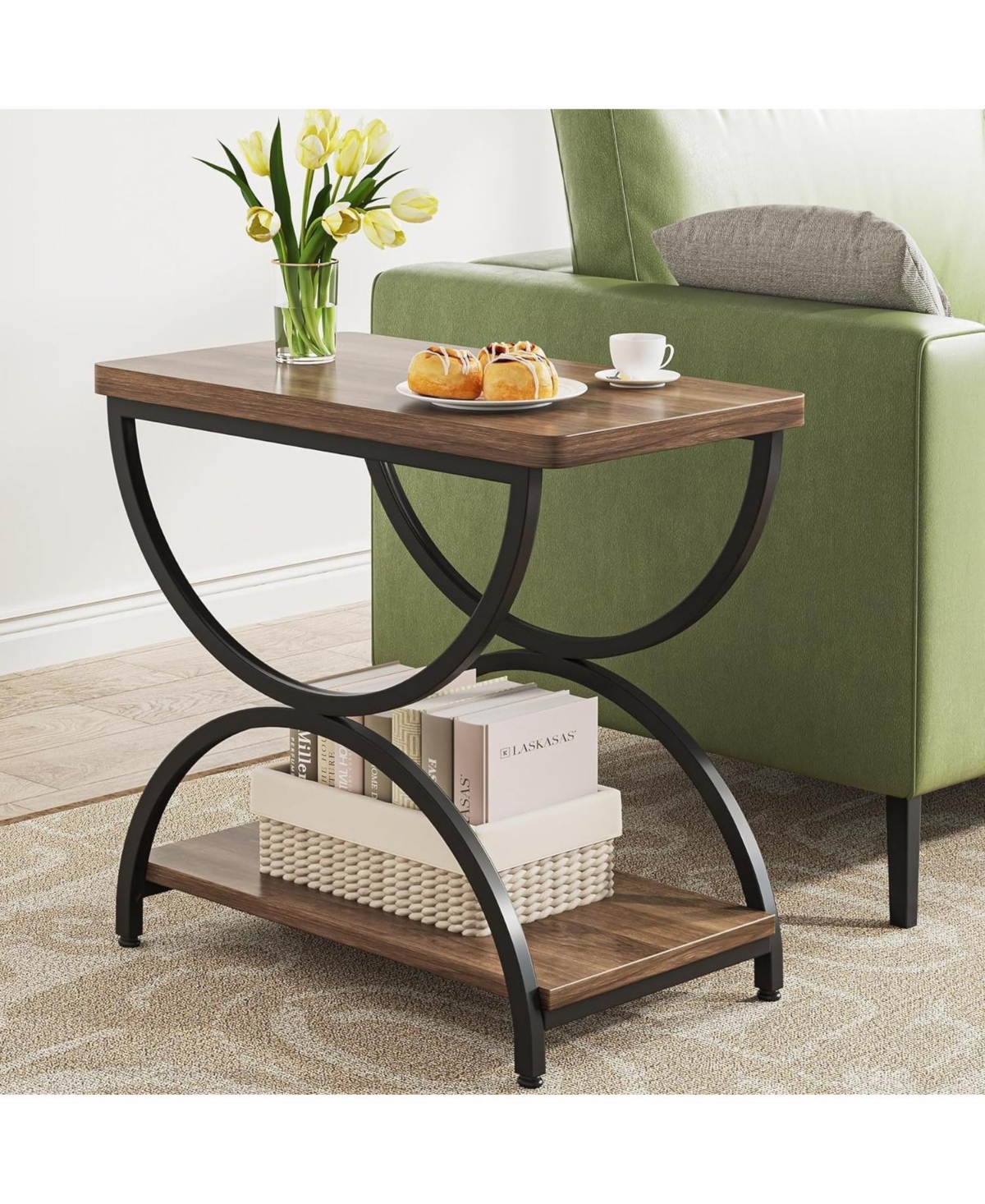 Tribesigns 2-Tier End Side Table with Stylish Metal Frame, Vintage Rectangular Bedside Nightstand for Bedroom, Wood and Metal Chair Side Tables Living