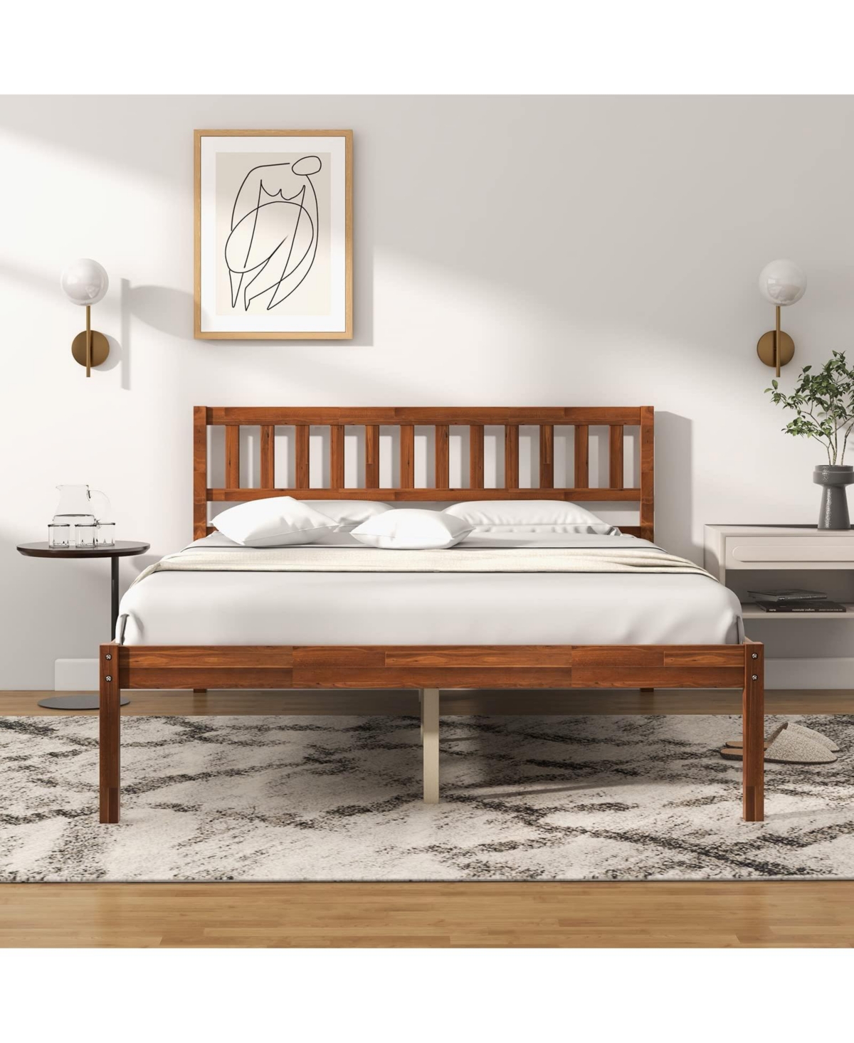 Sugift Queen Size Wood Bed Frame with Headboard and Slat Support-Queen Size