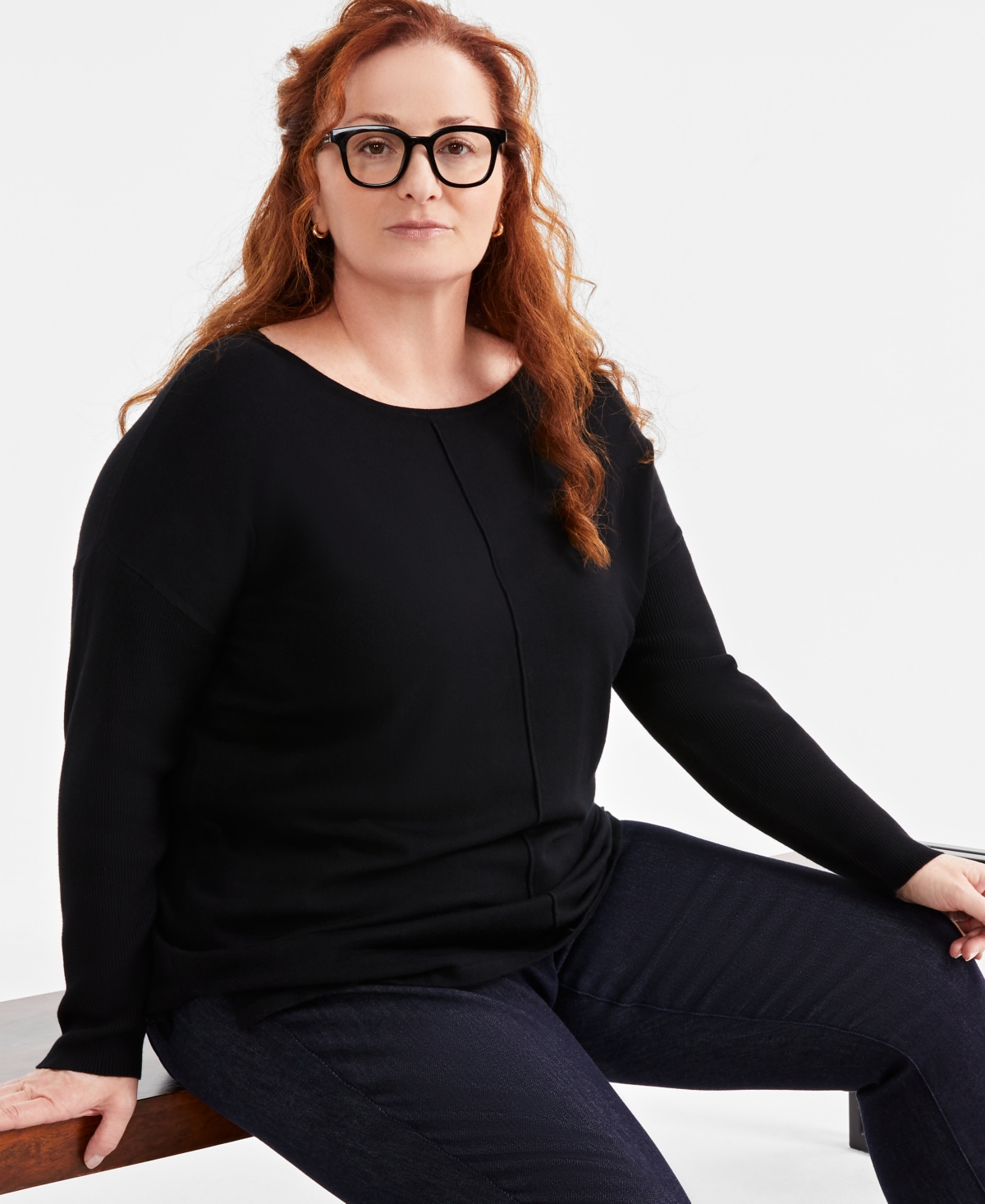 Style & Co Plus Size Knit Seam-front Tunic Top, Created For Macy's In Deep Black