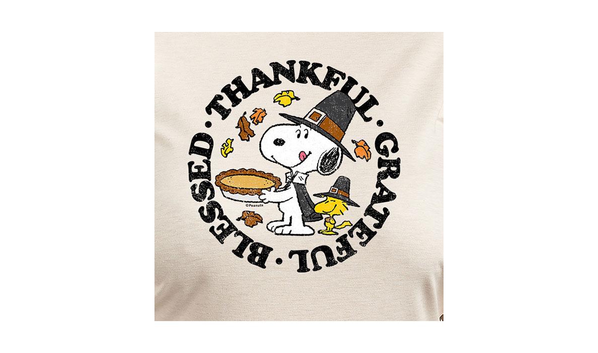 Hybrid Apparel Plus Size Peanuts Thankful Graphic Pullover T-shirt In Beige,khaki