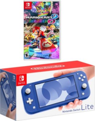 Nintendo Switch Lite in authentic dark blue with mario kart 8 and charger