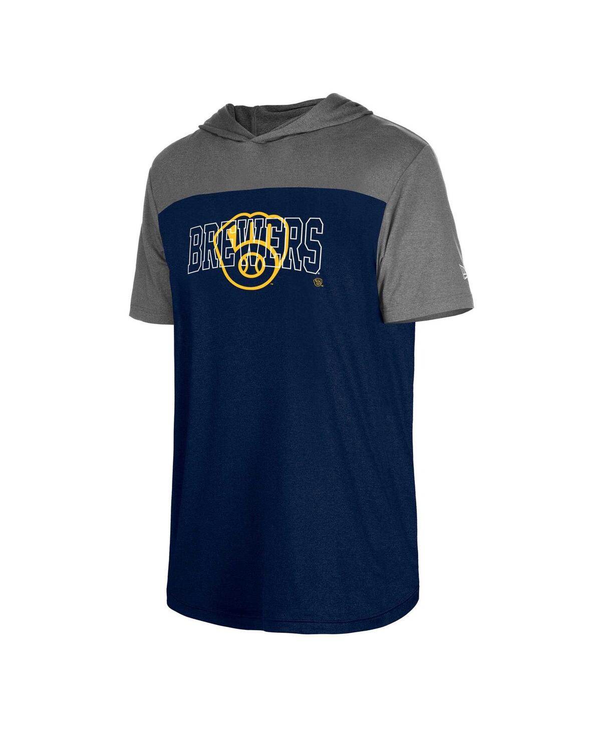 NEW ERA MEN'S NAVY MILWAUKEE BREWERS ACTIVE BRUSHED HOODIE T-SHIRT 