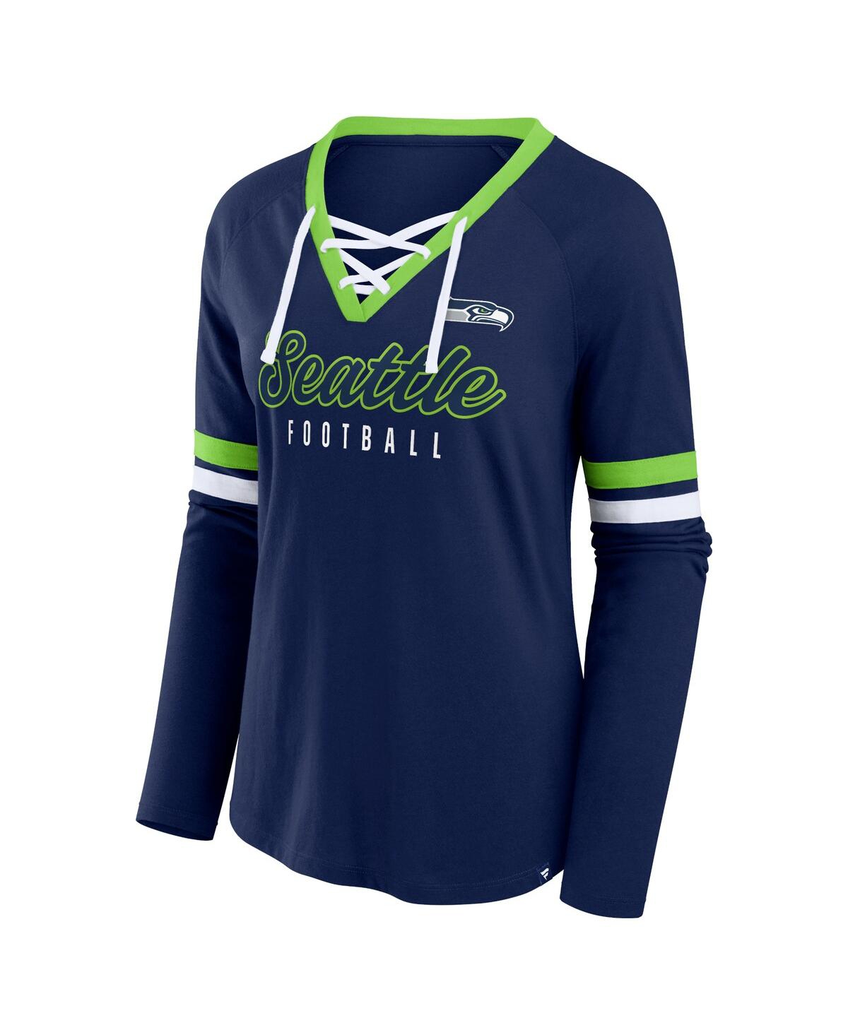 Fanatics Women'sSeattle Seahawks Won and Done Lace-Up Long Sleeve Fashion Top - College Navy, Neon Green