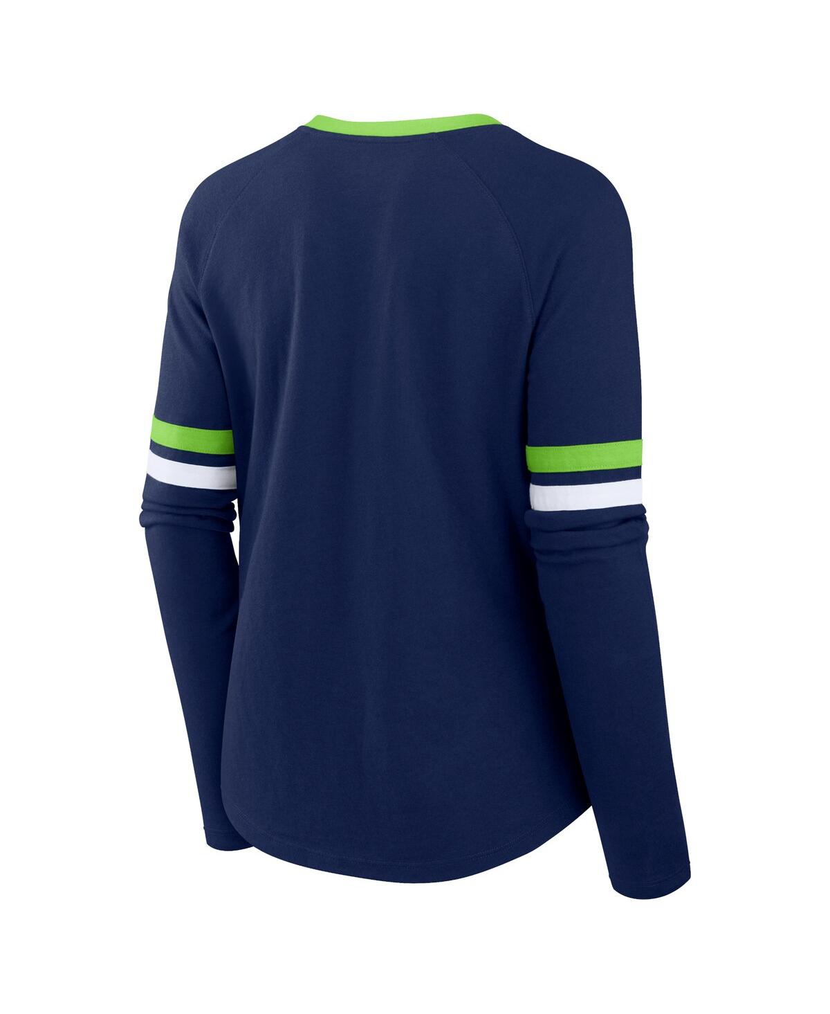 Fanatics Women'sSeattle Seahawks Won and Done Lace-Up Long Sleeve Fashion Top - College Navy, Neon Green