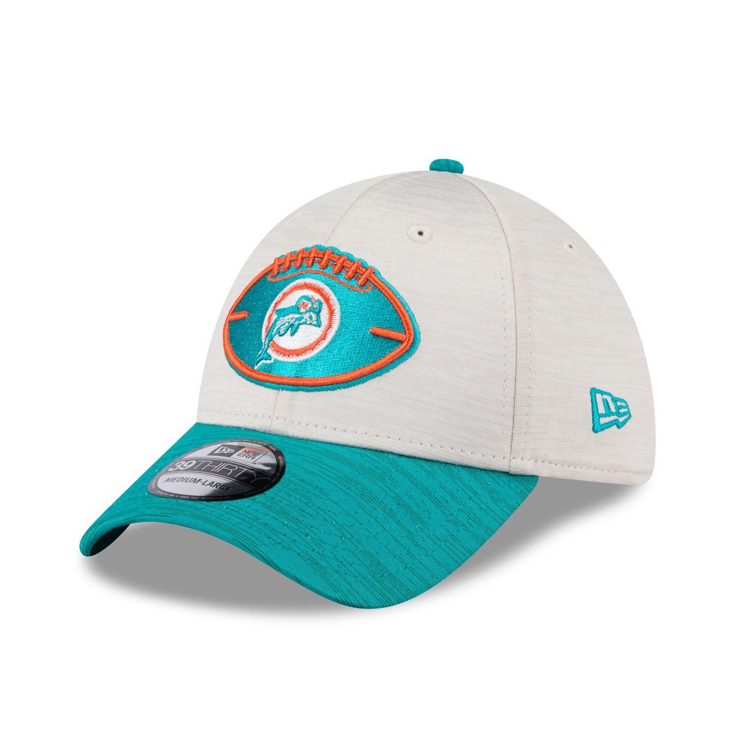 Мужская кепка New Era Stone/Aqua Miami Dolphins 2024 Sideline Historic 39THIRTY Flex Hat — фото 1
