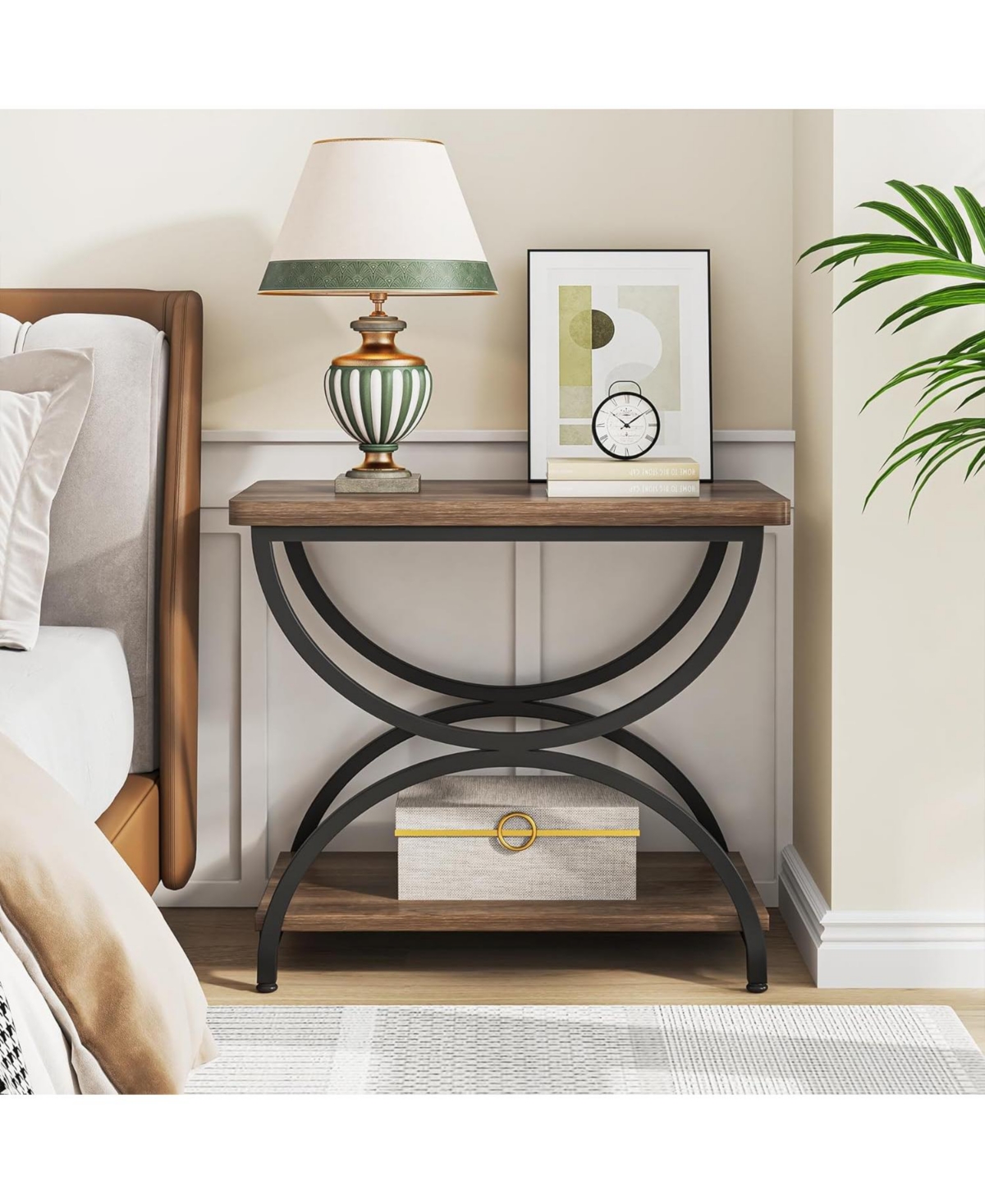 Tribesigns 2-Tier End Side Table with Stylish Metal Frame, Set Of 2, Vintage Rectangular Bedside Nightstand for Bedroom - Brown and black