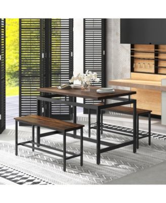 3 Pieces Dining Table Set with Wooden Kitchen Table and 2 Benches-Brown