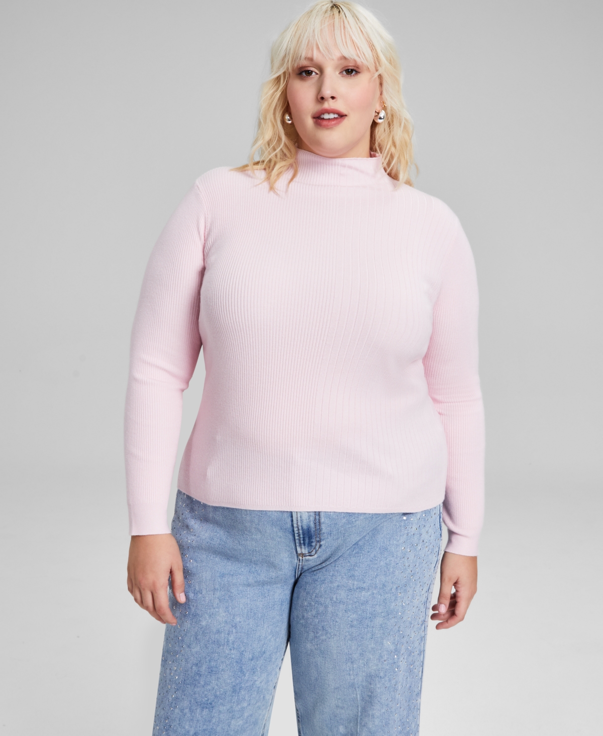 And Now This Trendy Plus Size Mock Neck Ribbed Sweater, Created For Macy's In Pink