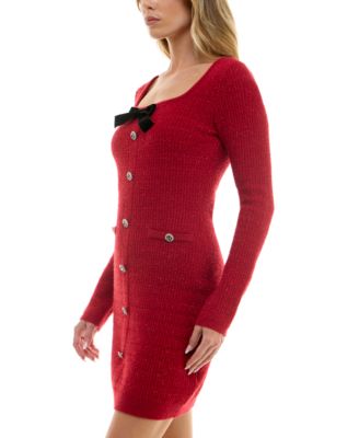 Juniors' Square-Neck Bow Long-Sleeve Sweater Dress
