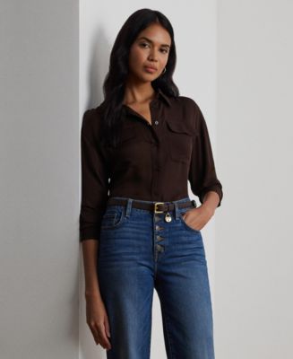 (取寄) ローレン ラルフローレン レディース クレープ ドゥ チャイナ シャツ LAUREN Ralph Lauren women Crepe de Chine Shirt Circuit Brown Lauren Ralph Lauren Women's Crepe de Chine Shirt - Macy's