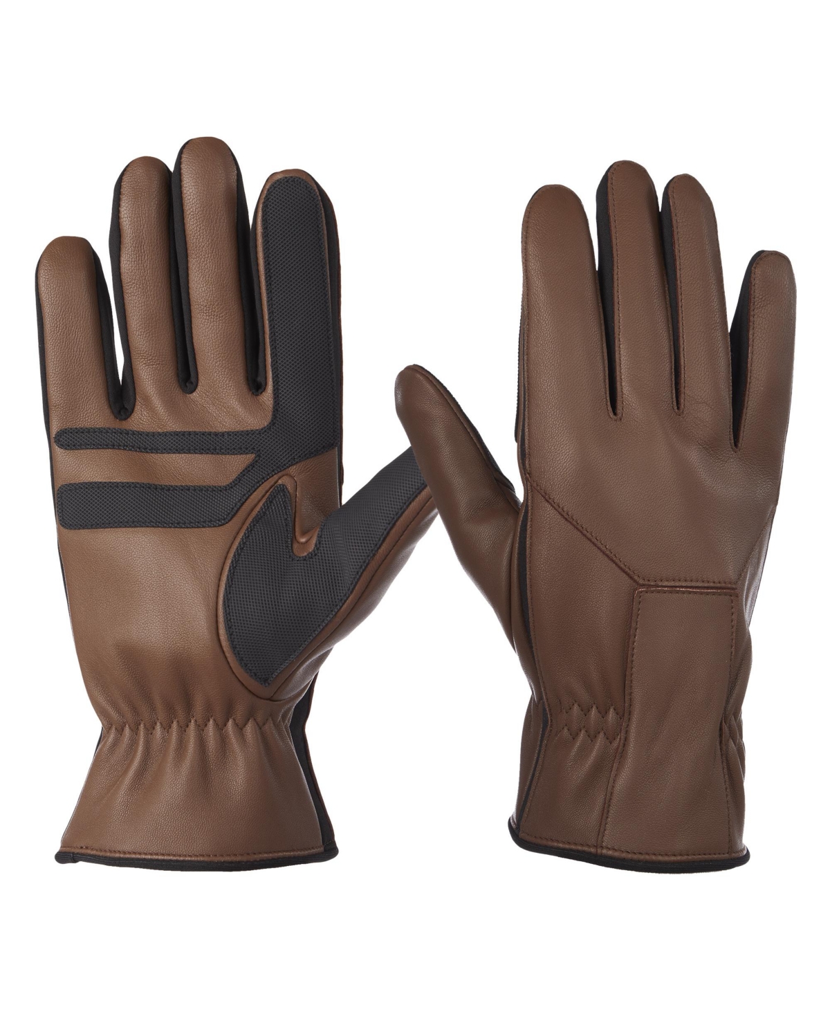 Men's Water Repellent Genuine Leather Touchscreen Stretch Gloves - Cognac