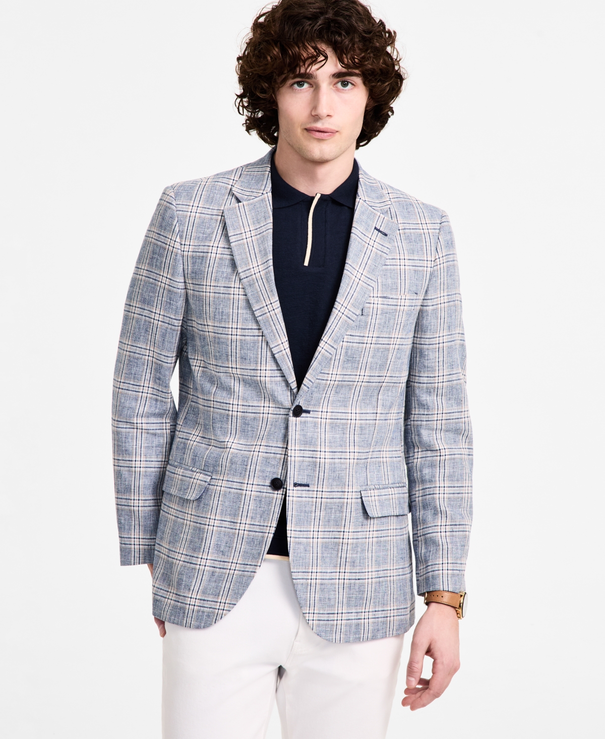 Nautica Men's Cotton & Linen Printed Modern-fit Sport Coat In Blue Plaid