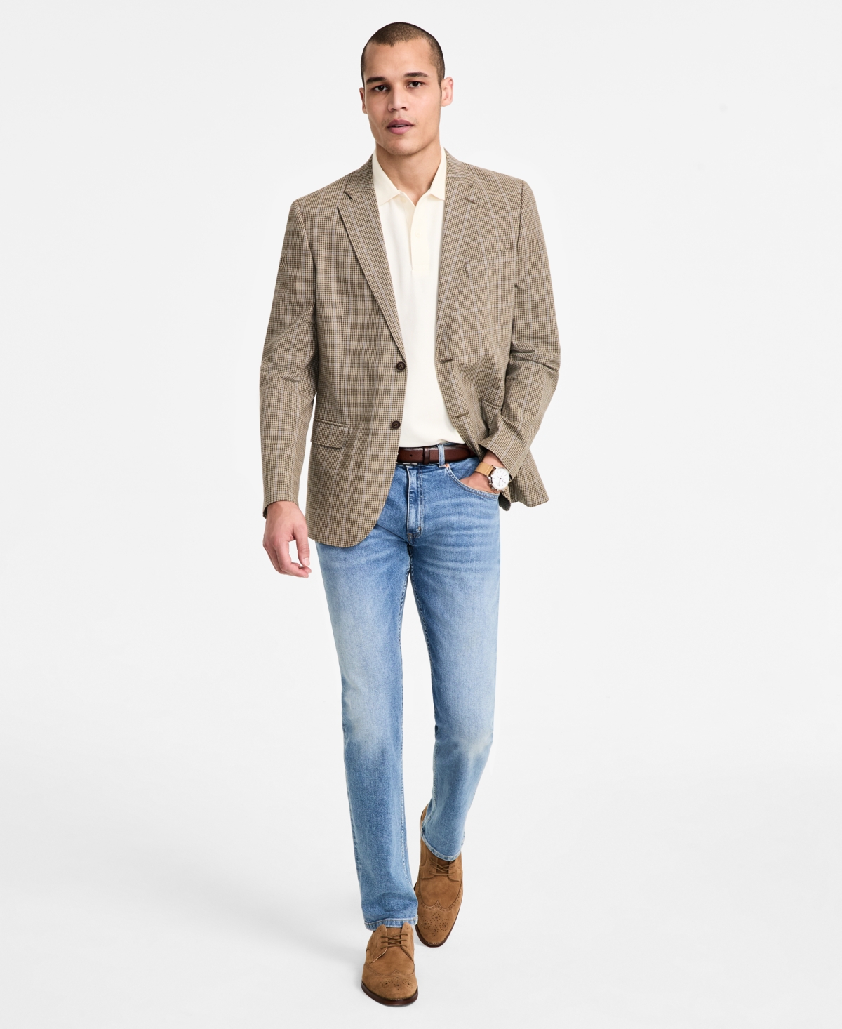 Nautica Men's Cotton & Linen Printed Modern-fit Sport Coat In Tan Windowpane