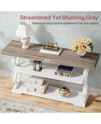 Farmhouse Console Table, 55 inch Rustic Entryway Sofa Table with Storage Shelves, 3 Tier Wood Long Accent Entry Table, Grey and White